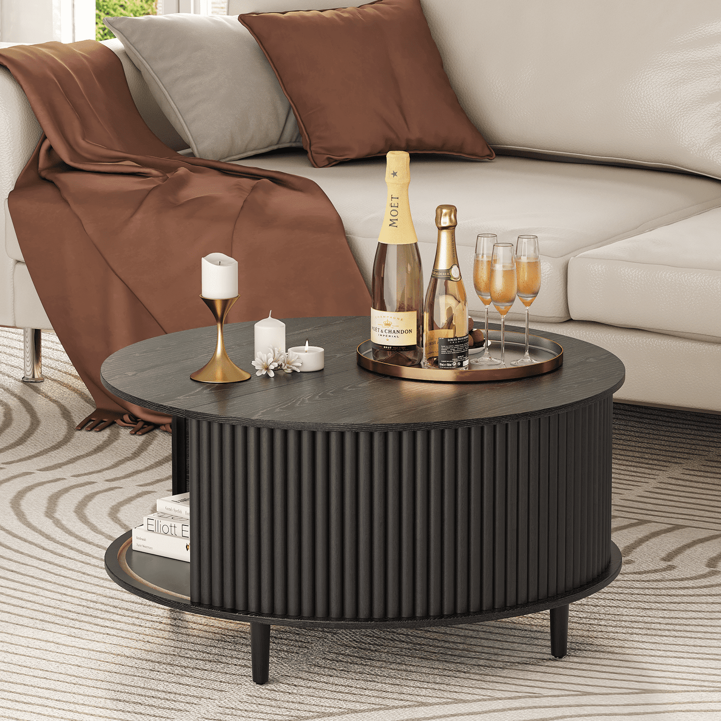 round Coffee Table with Hidden Compartment and Open Storage Shelf,Waveform Panel Sofa Table for Living Room,Black