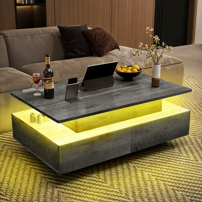 Lift Top LED Floating Coffee Table, Smart Center Table with 4 Drawers, Gray
