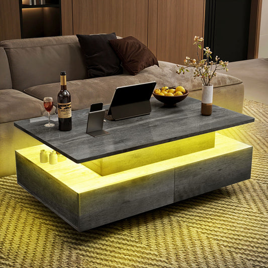 Lift Top LED Floating Coffee Table, Smart Center Table with 4 Drawers, Gray