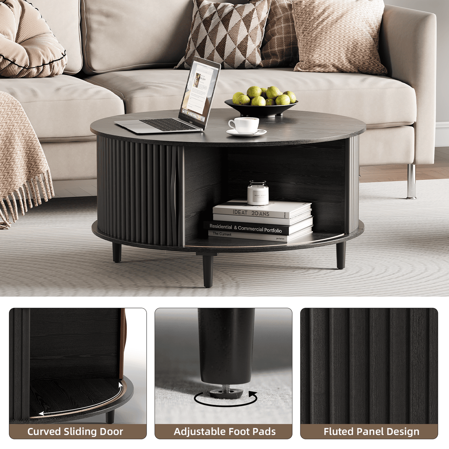 round Coffee Table with Hidden Compartment and Open Storage Shelf,Waveform Panel Sofa Table for Living Room,Black