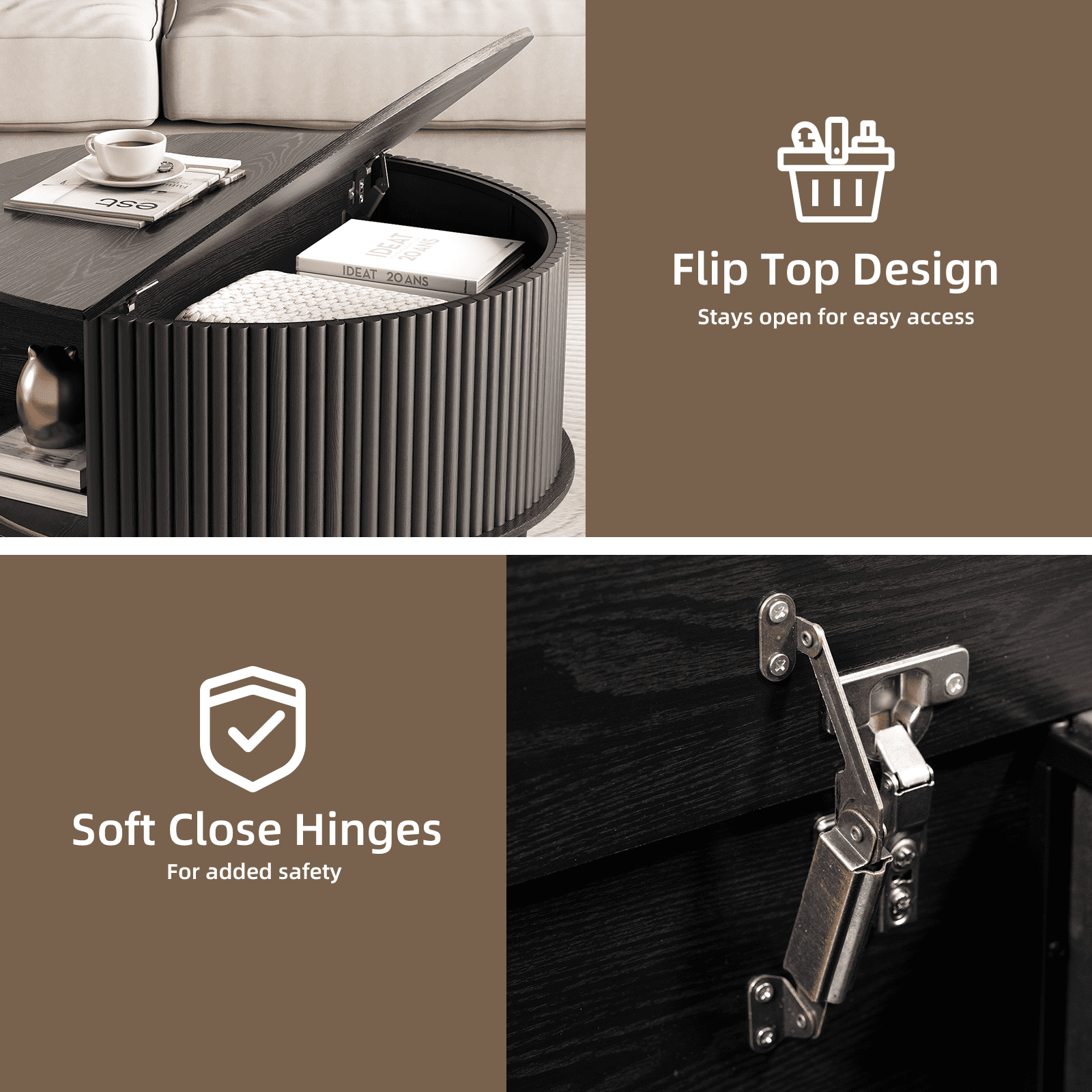 round Coffee Table with Hidden Compartment and Open Storage Shelf,Waveform Panel Sofa Table for Living Room,Black