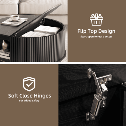 round Coffee Table with Hidden Compartment and Open Storage Shelf,Waveform Panel Sofa Table for Living Room,Black