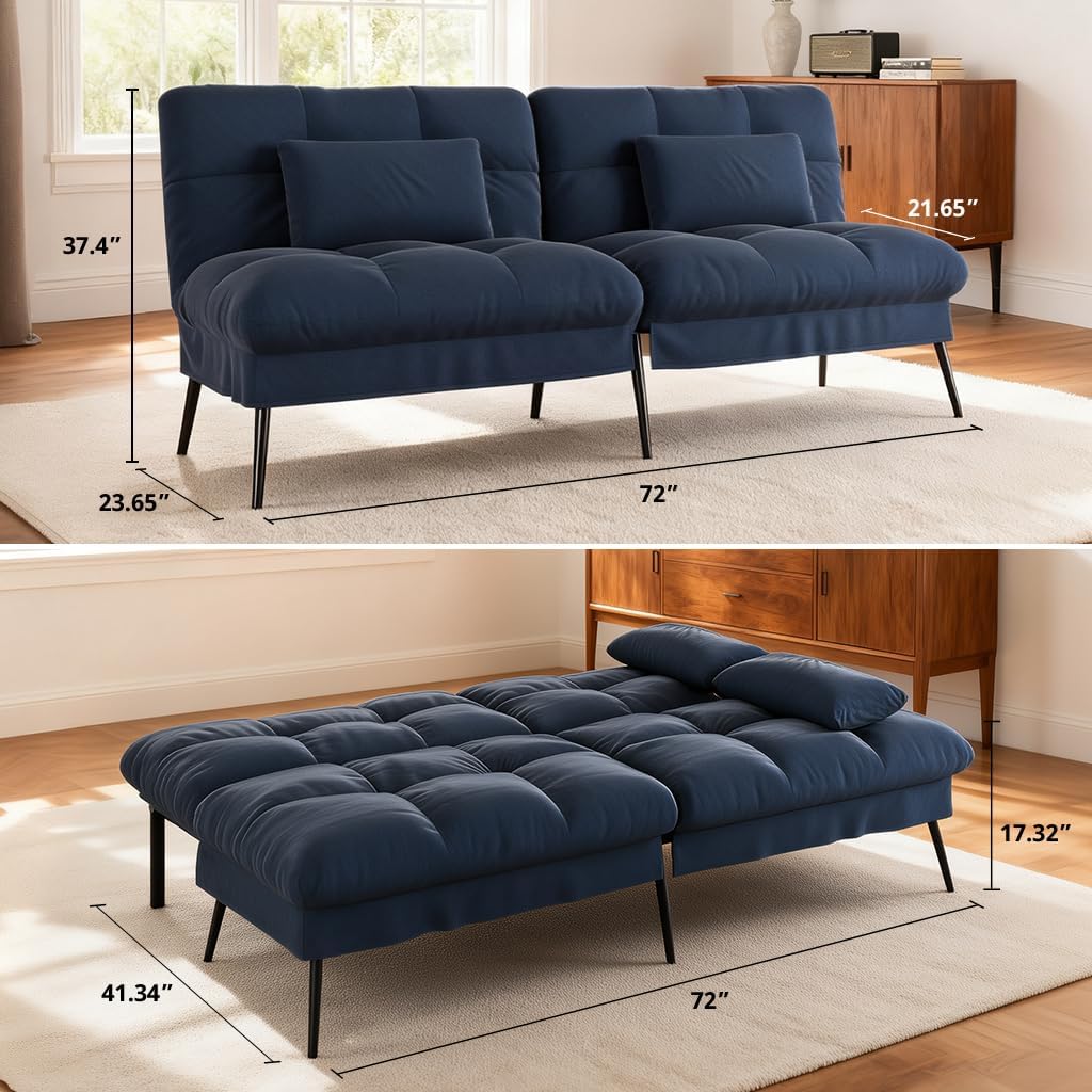 Convertible Sofa Bed,72″Fabric Couch with Adjustable Backrest,Loveseat Recliner Sleeper Living Room Furniture Futon Set (Blue)