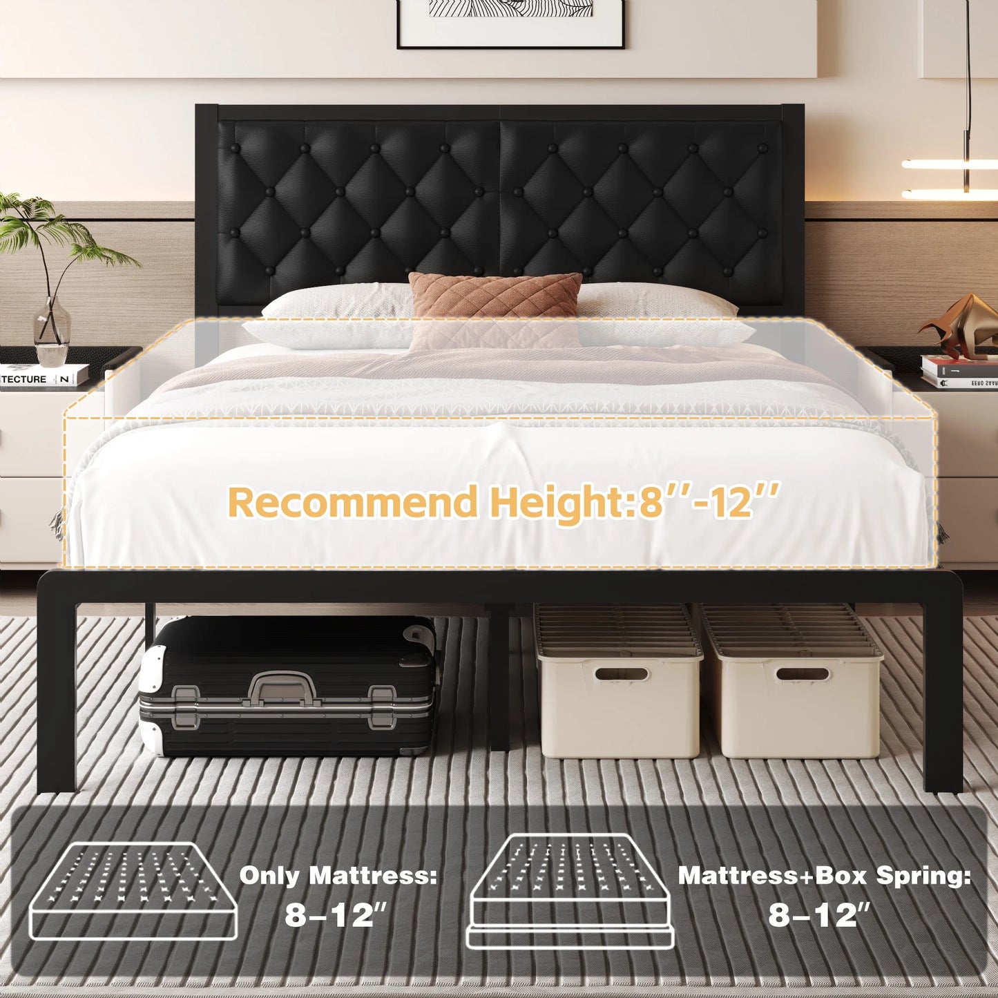 Bed Frame with Upholstered Headboard, Queen, Metal Support, No Box Spring Needed, Black