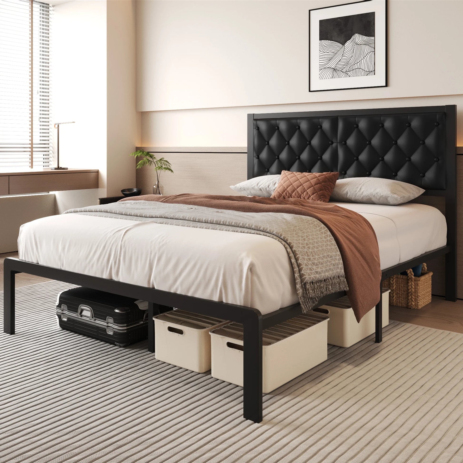 Bed Frame with Upholstered Headboard, Queen, Metal Support, No Box Spring Needed, Black