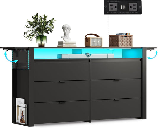 Expandable 78-Inch Black Wood Dresser: Versatile Chest of Drawers with Adjustable Shelves, Hanging Rack & LED Lighting (Fits 85" TV)