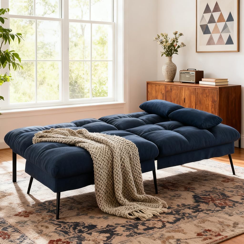 Convertible Sofa Bed,72″Fabric Couch with Adjustable Backrest,Loveseat Recliner Sleeper Living Room Furniture Futon Set (Blue)