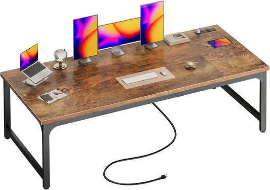 71" x 31.5" Heavy-Duty Office Desk with Power Outlets & USB-C: Sturdy Metal Frame, 1.2" Thick Rustic Brown Desktop for Home Office