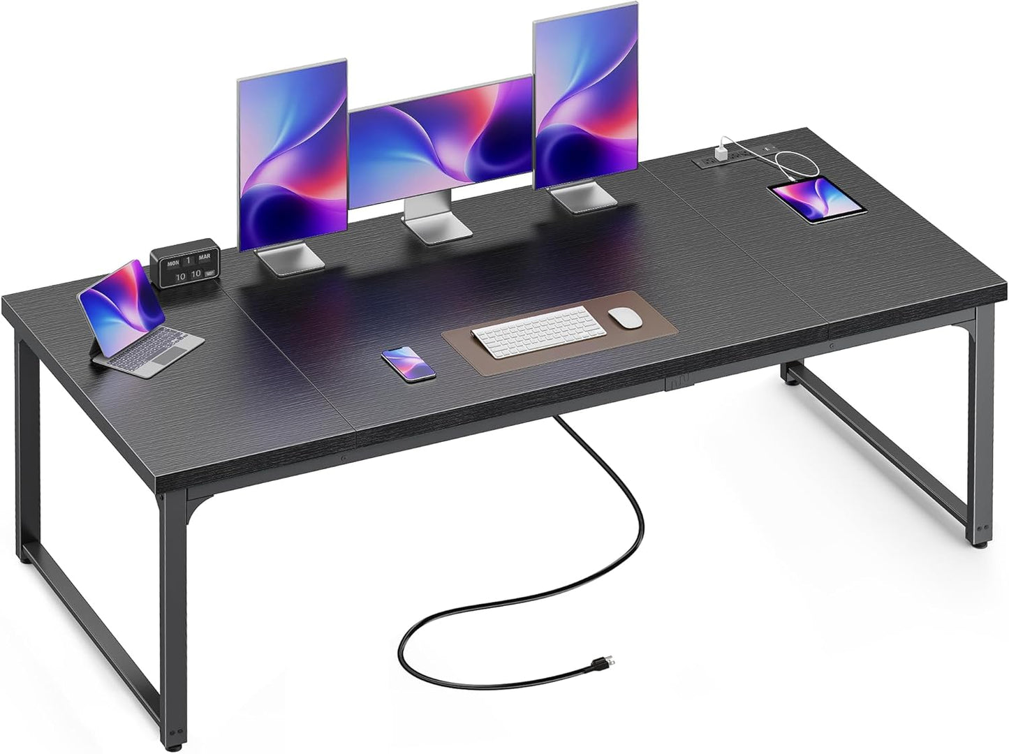 71" x 31.5" Heavy-Duty Office Desk with Power Outlets & USB-C: Sturdy Metal Frame, 1.2" Thick Rustic Brown Desktop for Home Office