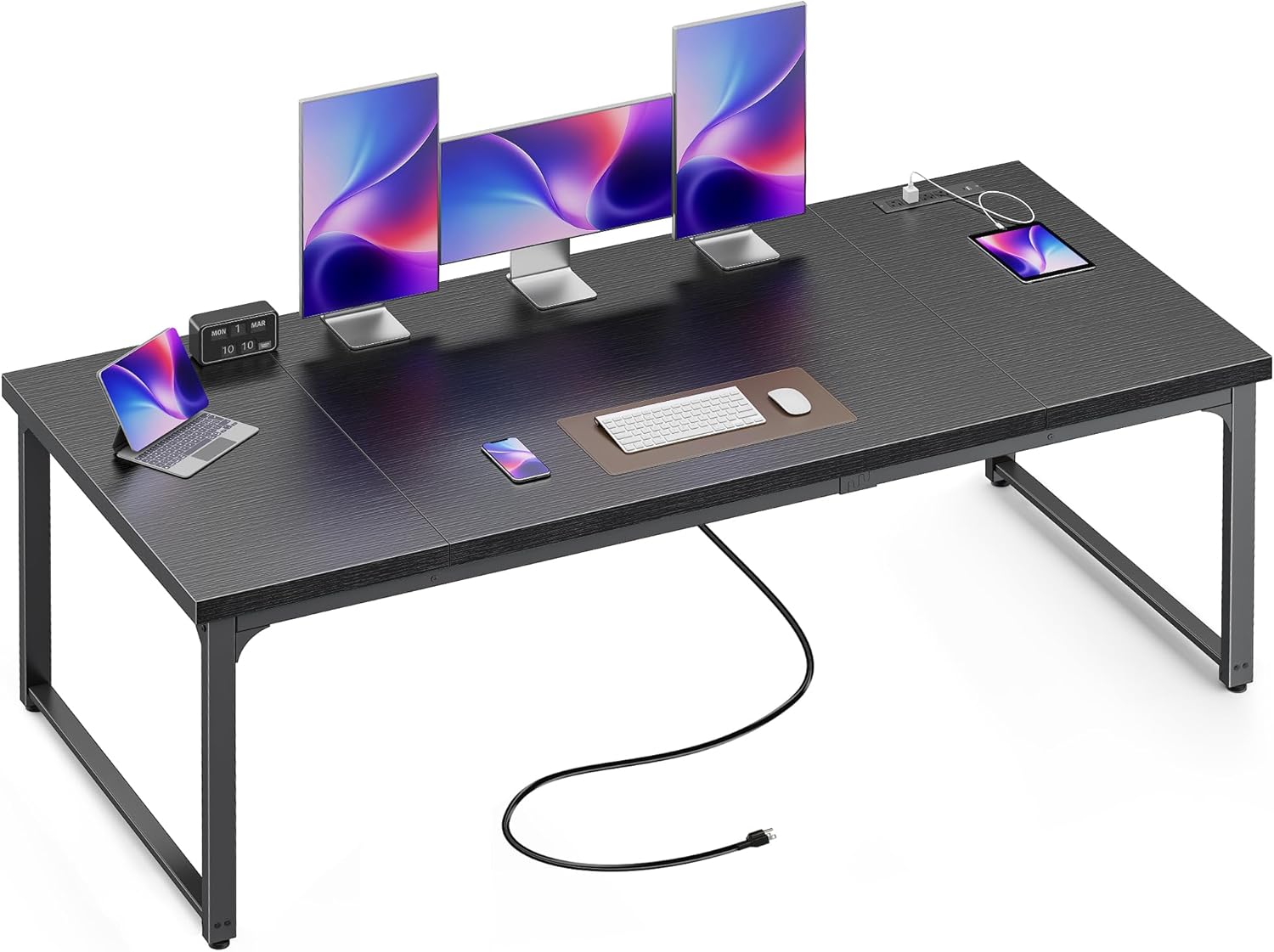 71" x 31.5" Heavy-Duty Office Desk with Power Outlets & USB-C: Sturdy Metal Frame, 1.2" Thick Rustic Brown Desktop for Home Office