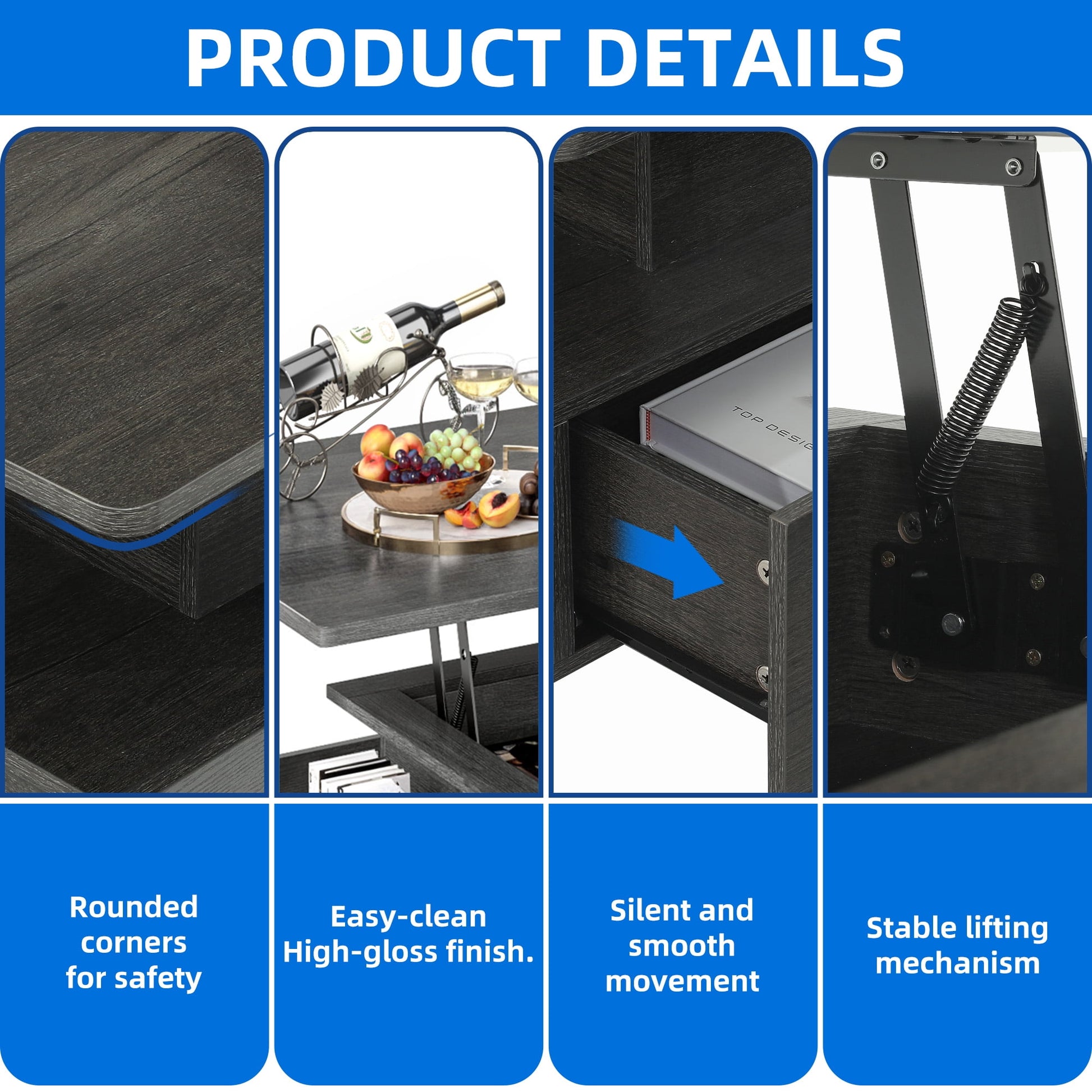 Lift Top LED Floating Coffee Table, Smart Center Table with 4 Drawers, Gray