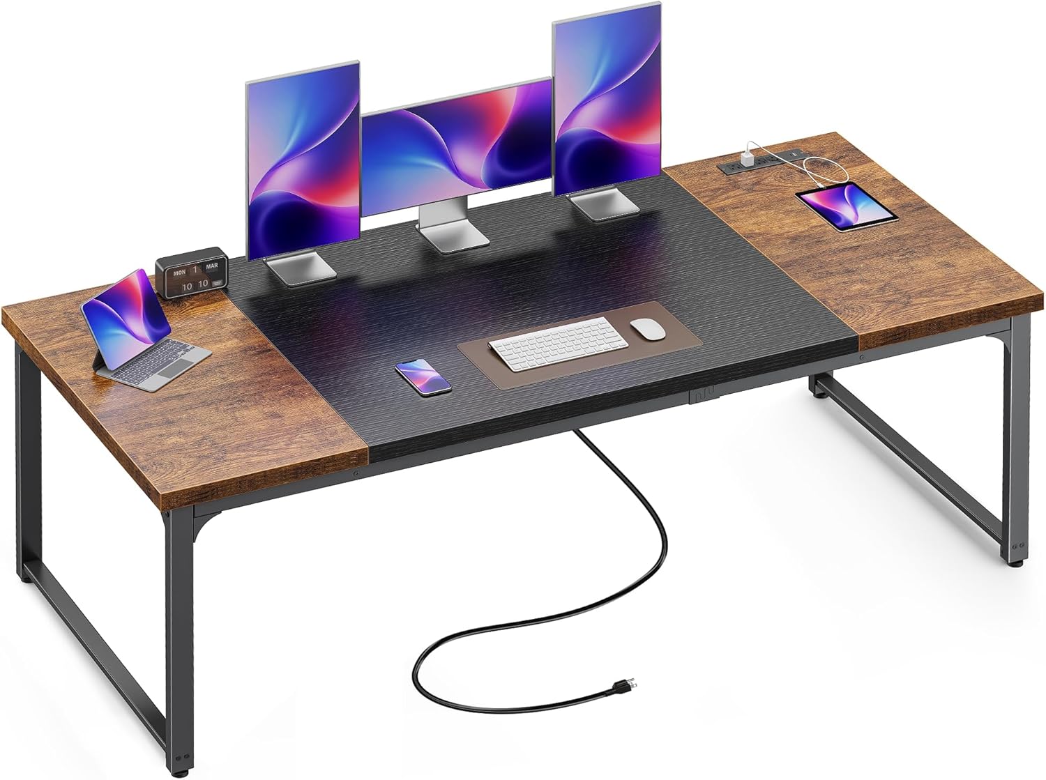 71" x 31.5" Heavy-Duty Office Desk with Power Outlets & USB-C: Sturdy Metal Frame, 1.2" Thick Rustic Brown Desktop for Home Office