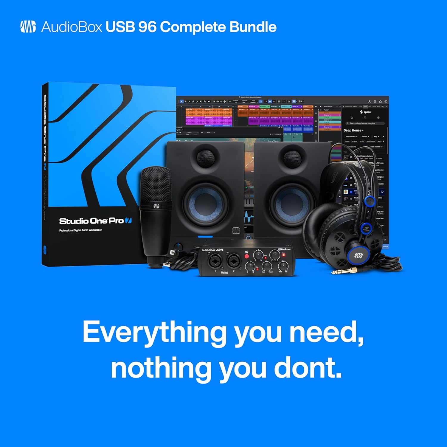 Audiobox USB 96 Bundle — USB Audio Interface, XLR Interface for Guitar, Device for PC & Mac, Complete Recording Package with Studio One Pro, Music Production, Home Studio