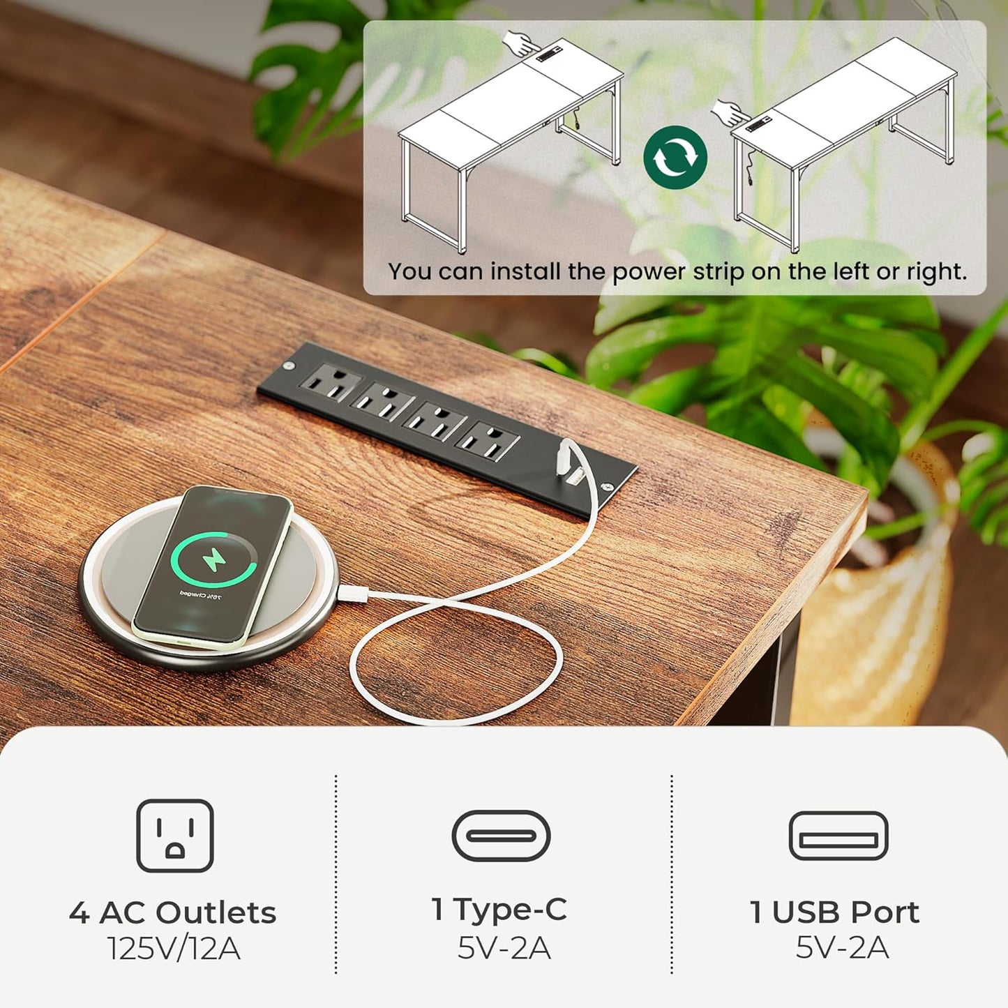 71" x 31.5" Heavy-Duty Office Desk with Power Outlets & USB-C: Sturdy Metal Frame, 1.2" Thick Rustic Brown Desktop for Home Office