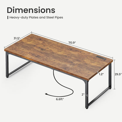 71" x 31.5" Heavy-Duty Office Desk with Power Outlets & USB-C: Sturdy Metal Frame, 1.2" Thick Rustic Brown Desktop for Home Office