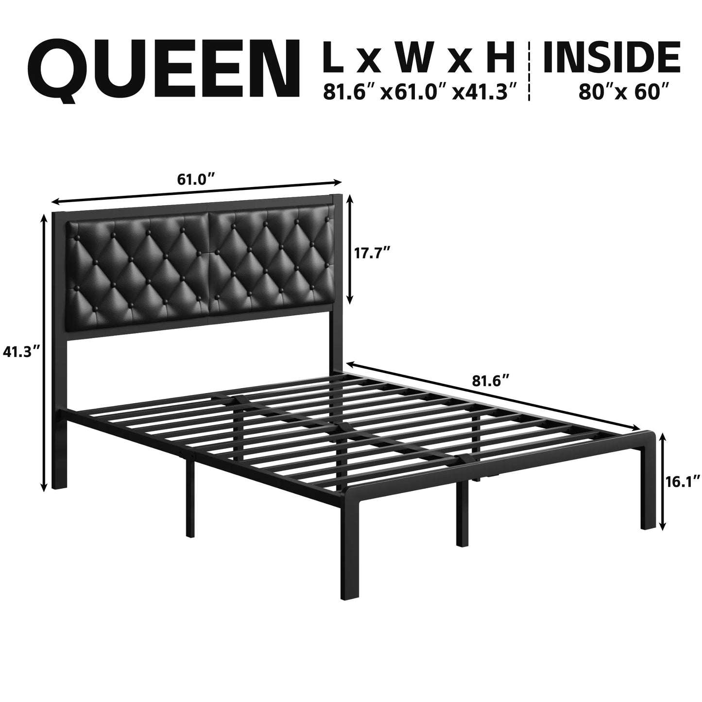 Bed Frame with Upholstered Headboard, Queen, Metal Support, No Box Spring Needed, Black