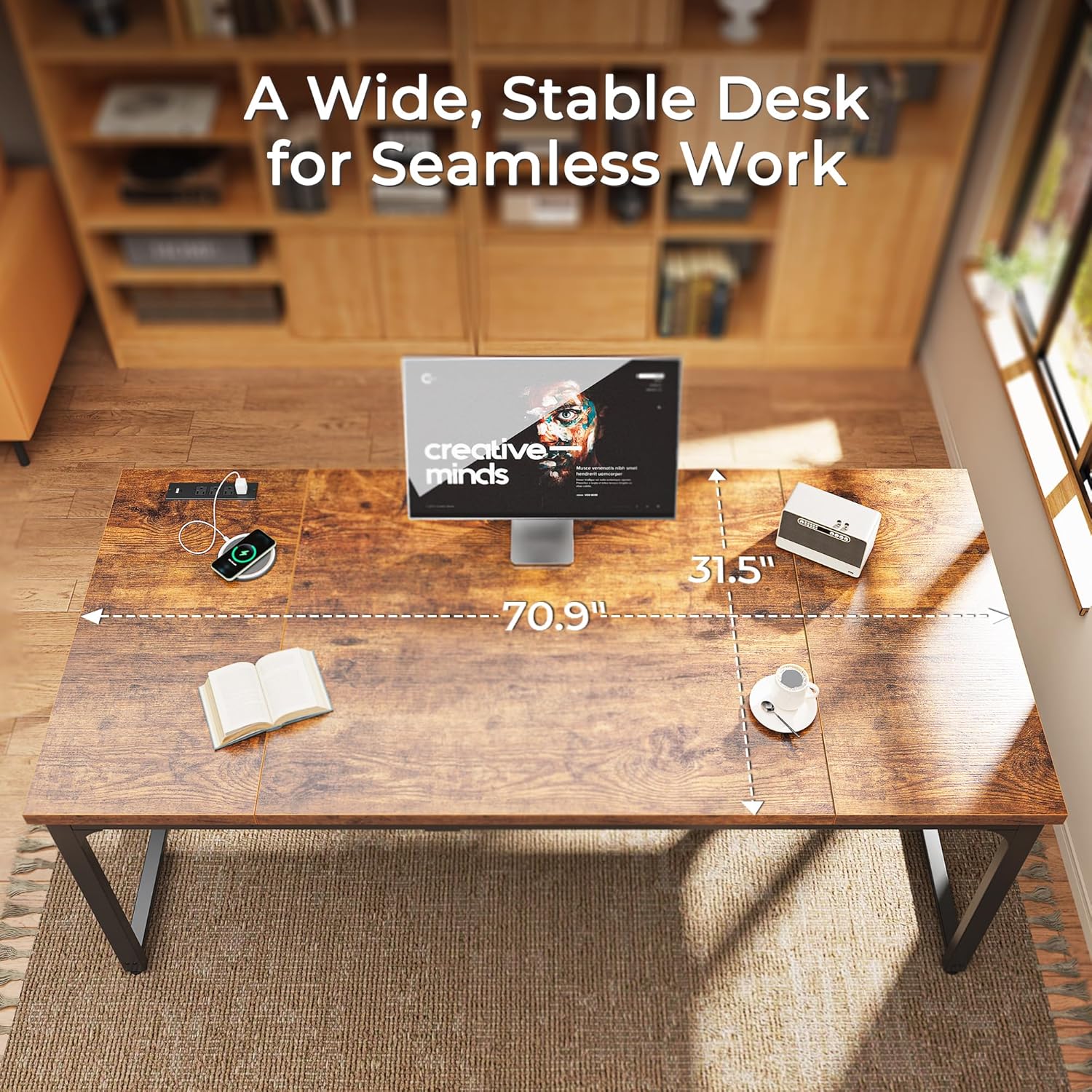 71" x 31.5" Heavy-Duty Office Desk with Power Outlets & USB-C: Sturdy Metal Frame, 1.2" Thick Rustic Brown Desktop for Home Office