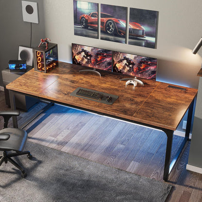71" x 31.5" Heavy-Duty Office Desk with Power Outlets & USB-C: Sturdy Metal Frame, 1.2" Thick Rustic Brown Desktop for Home Office