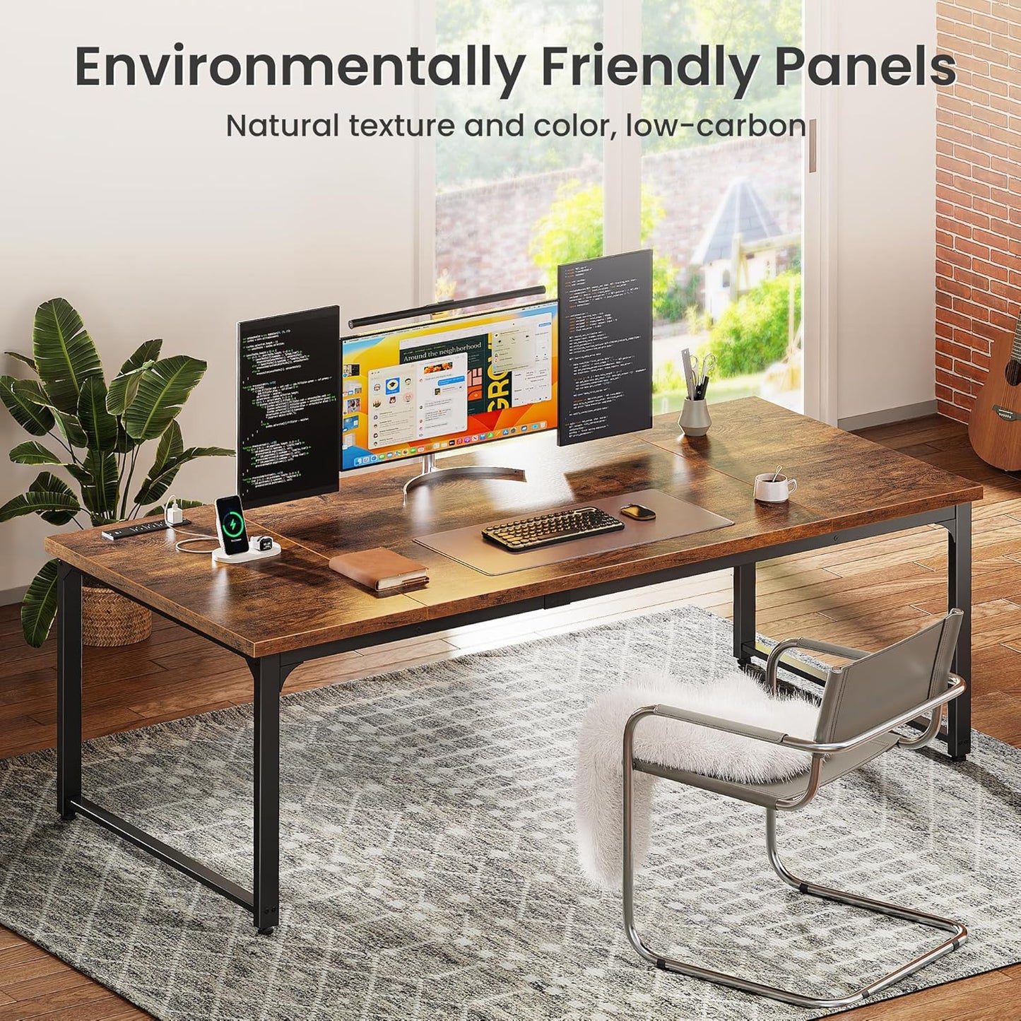 71" x 31.5" Heavy-Duty Office Desk with Power Outlets & USB-C: Sturdy Metal Frame, 1.2" Thick Rustic Brown Desktop for Home Office