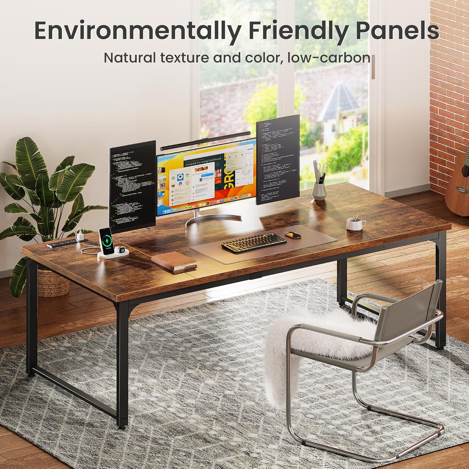 71" x 31.5" Heavy-Duty Office Desk with Power Outlets & USB-C: Sturdy Metal Frame, 1.2" Thick Rustic Brown Desktop for Home Office