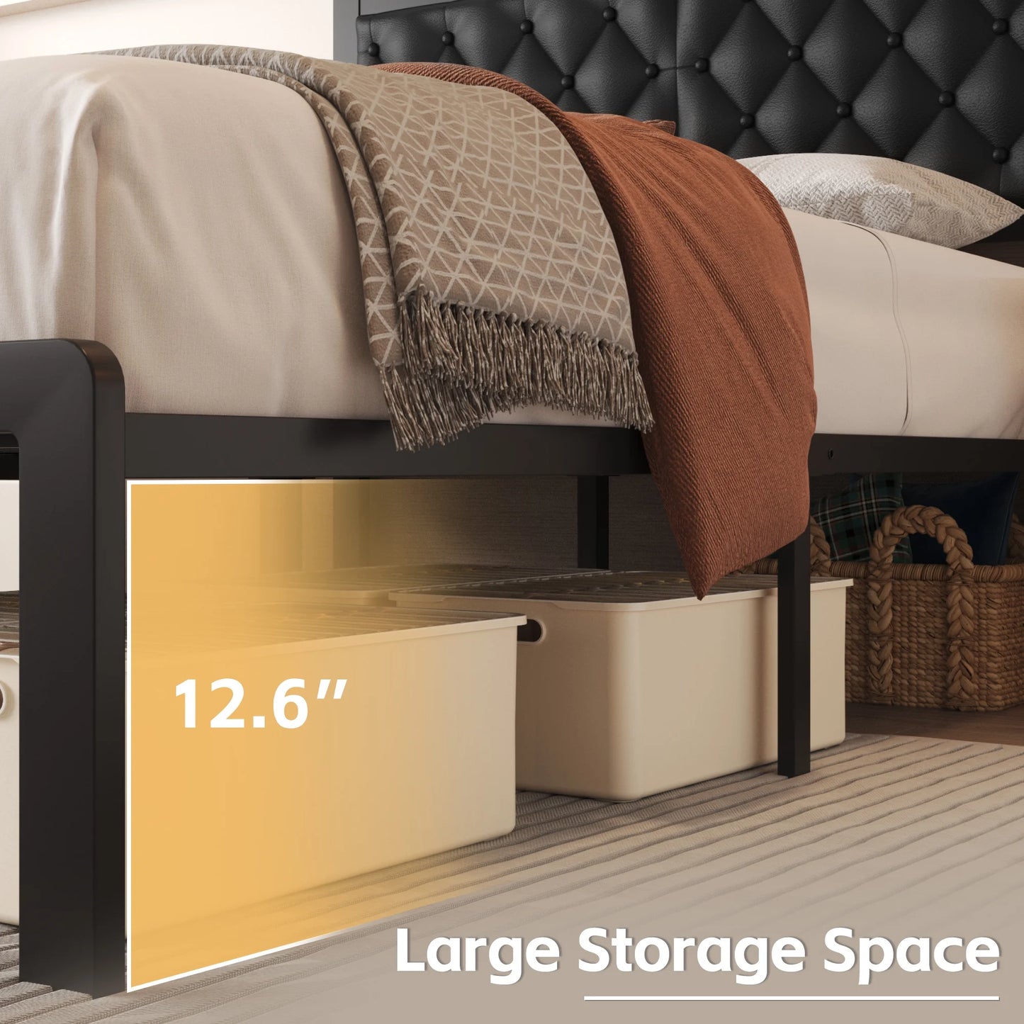 Bed Frame with Upholstered Headboard, Queen, Metal Support, No Box Spring Needed, Black