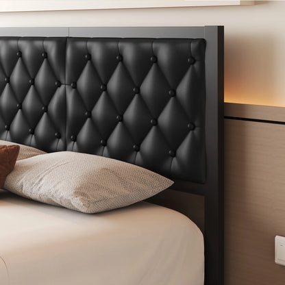 Bed Frame with Upholstered Headboard, Queen, Metal Support, No Box Spring Needed, Black