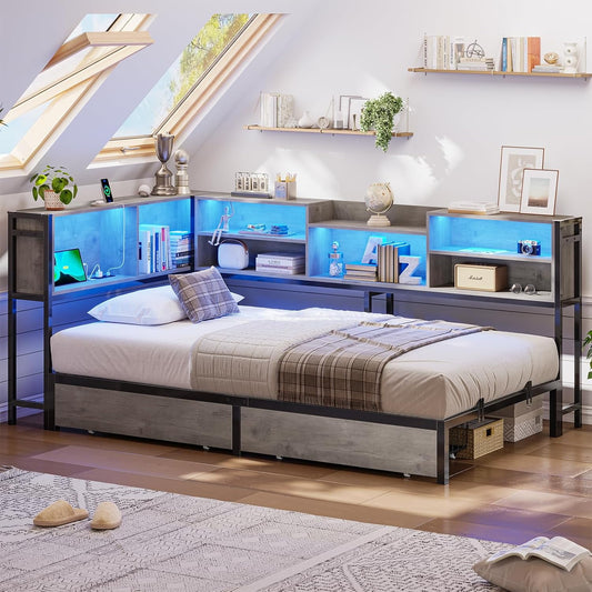 Daybed with Charging Station and Led Lights Metal Corner Bed Frame with Bookcase Storage & 2 Drawers, Black Platform Bed Frame for Bedroom Living Room