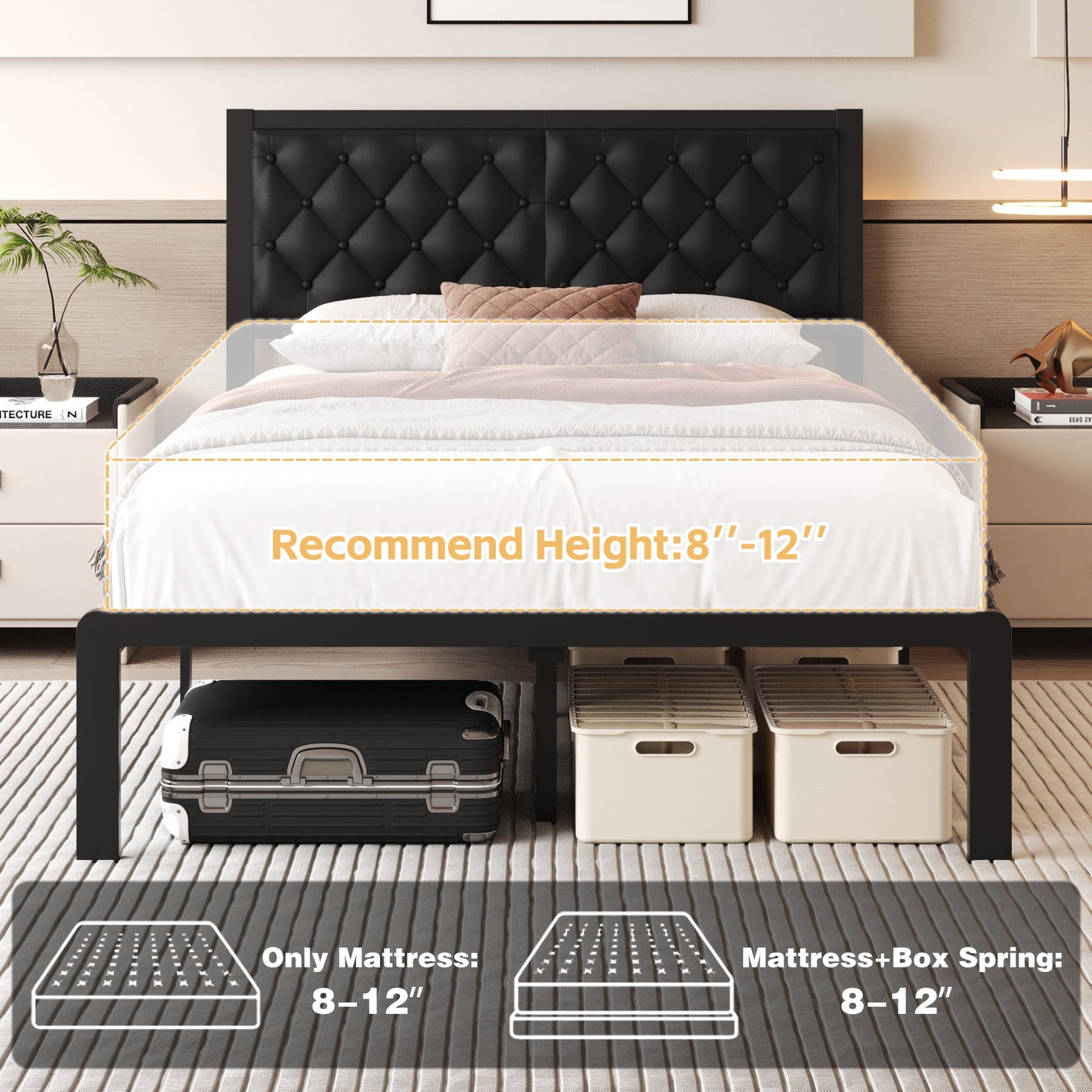 Bed Frame with Upholstered Headboard, Queen, Metal Support, No Box Spring Needed, Black