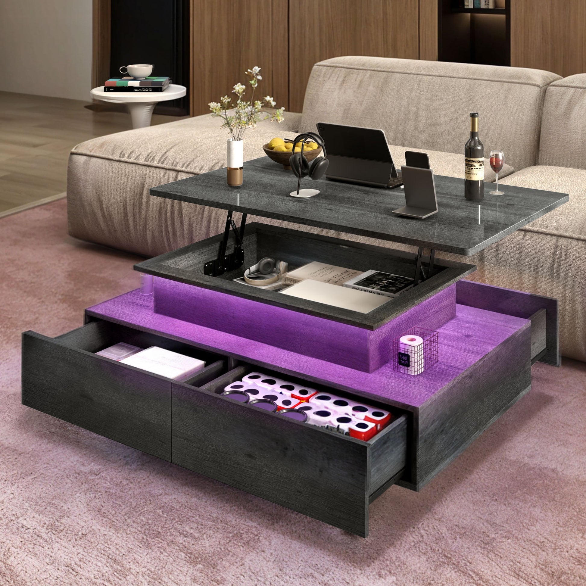 Lift Top LED Floating Coffee Table, Smart Center Table with 4 Drawers, Gray