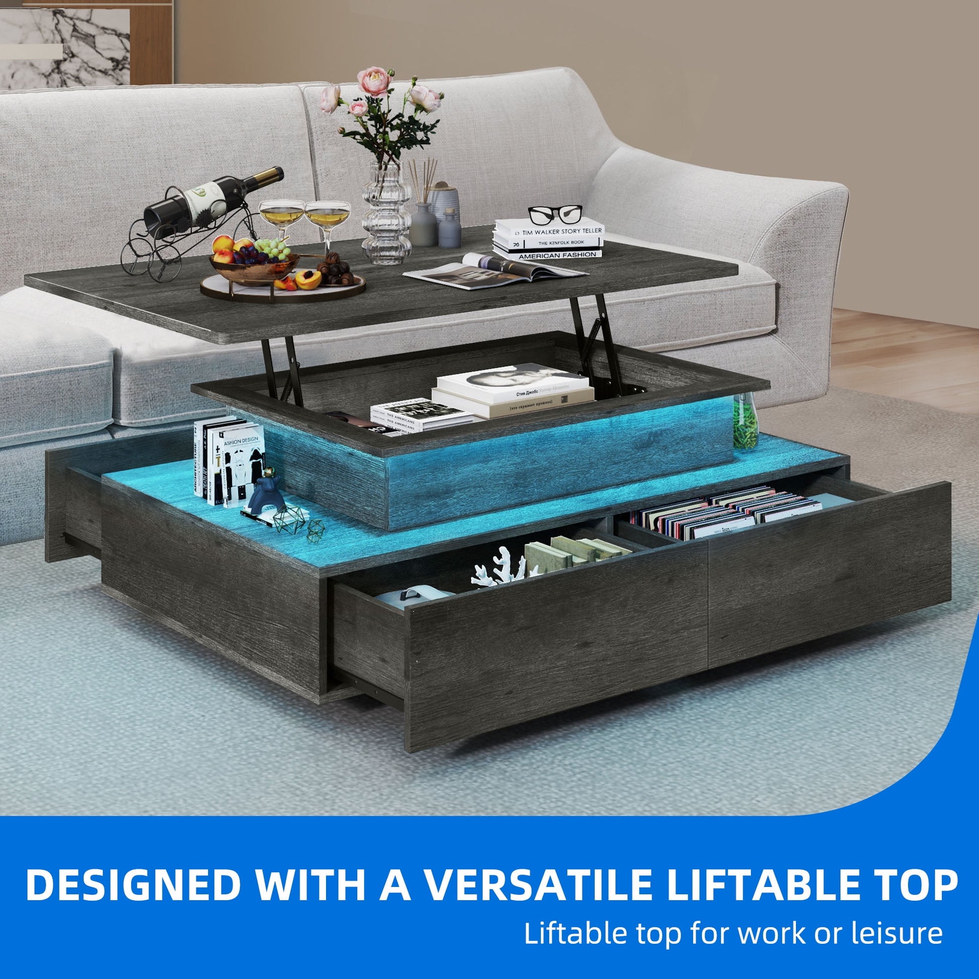 Lift Top LED Floating Coffee Table, Smart Center Table with 4 Drawers, Gray