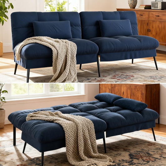 Convertible Sofa Bed,72″Fabric Couch with Adjustable Backrest,Loveseat Recliner Sleeper Living Room Furniture Futon Set (Blue)