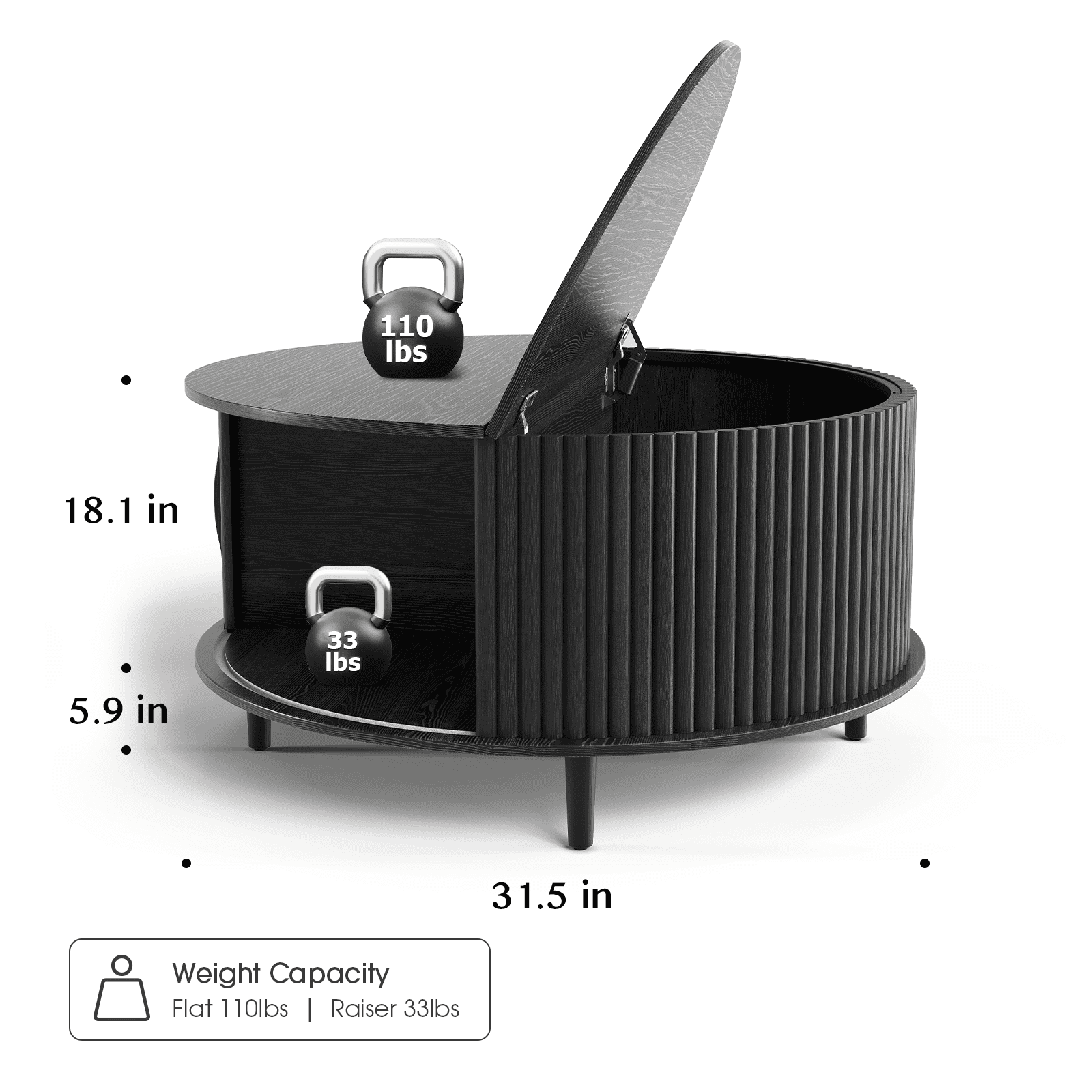 round Coffee Table with Hidden Compartment and Open Storage Shelf,Waveform Panel Sofa Table for Living Room,Black