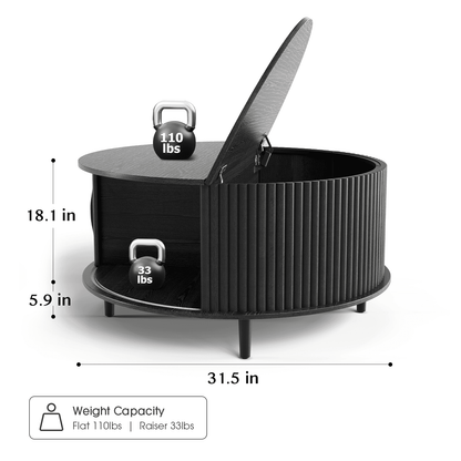 round Coffee Table with Hidden Compartment and Open Storage Shelf,Waveform Panel Sofa Table for Living Room,Black