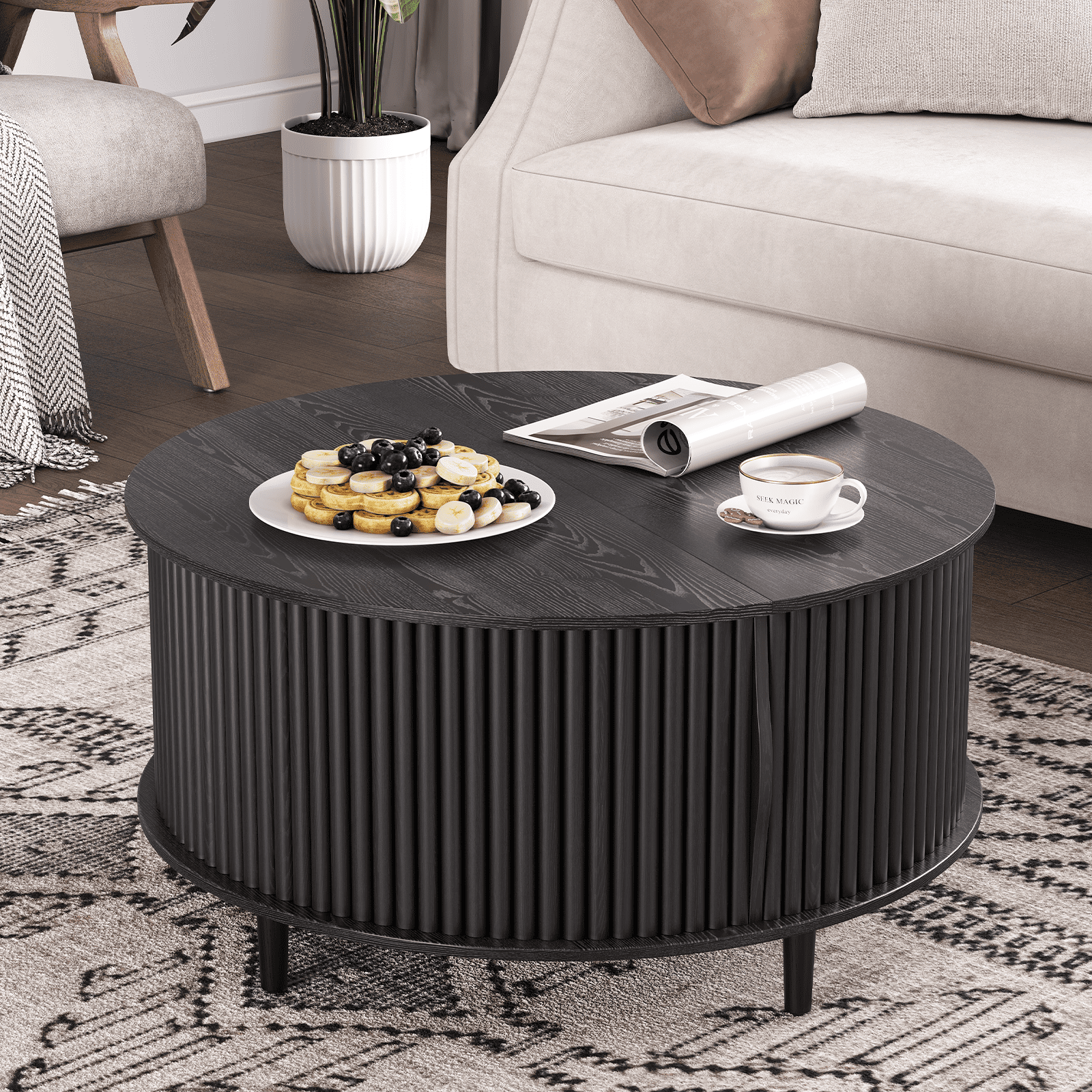 round Coffee Table with Hidden Compartment and Open Storage Shelf,Waveform Panel Sofa Table for Living Room,Black