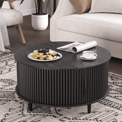 round Coffee Table with Hidden Compartment and Open Storage Shelf,Waveform Panel Sofa Table for Living Room,Black