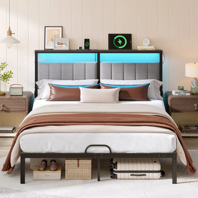 Queen Bed Frame with Upholstered Headboard,Led Lights & Power Outlet | Modern Platform Metal Bed,No Box Spring Required,Grey